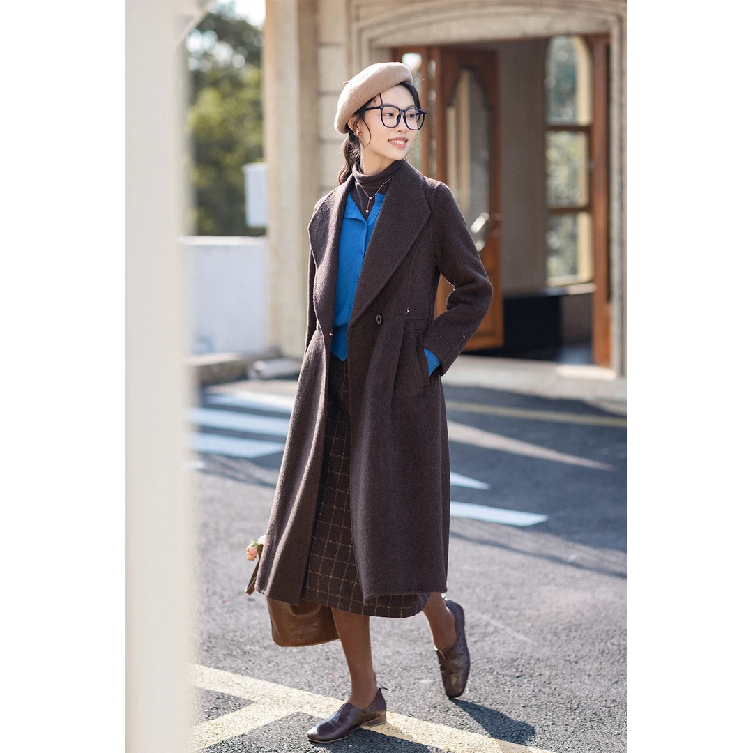 红念纯羊毛咖色毛呢大衣女中长款修身显瘦2025秋冬呢子外套流光风