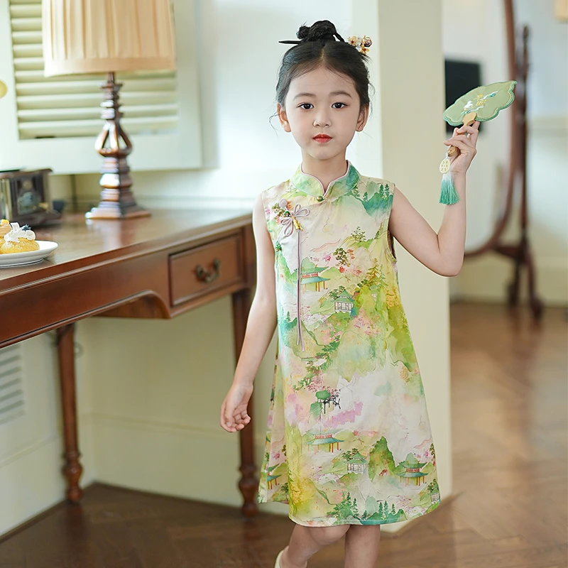 53829唐装女童汉服旗袍裙2025夏季新款儿童国风新中式连衣裙童装