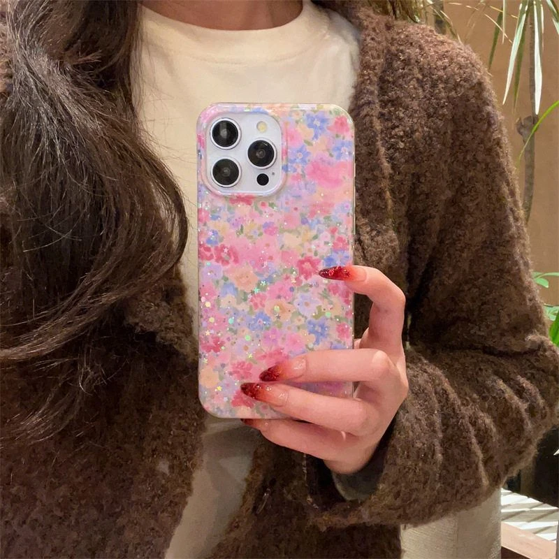 【宸星】闪粉14双层油画苹果1513彩色适用手机壳女春日花朵iphone1