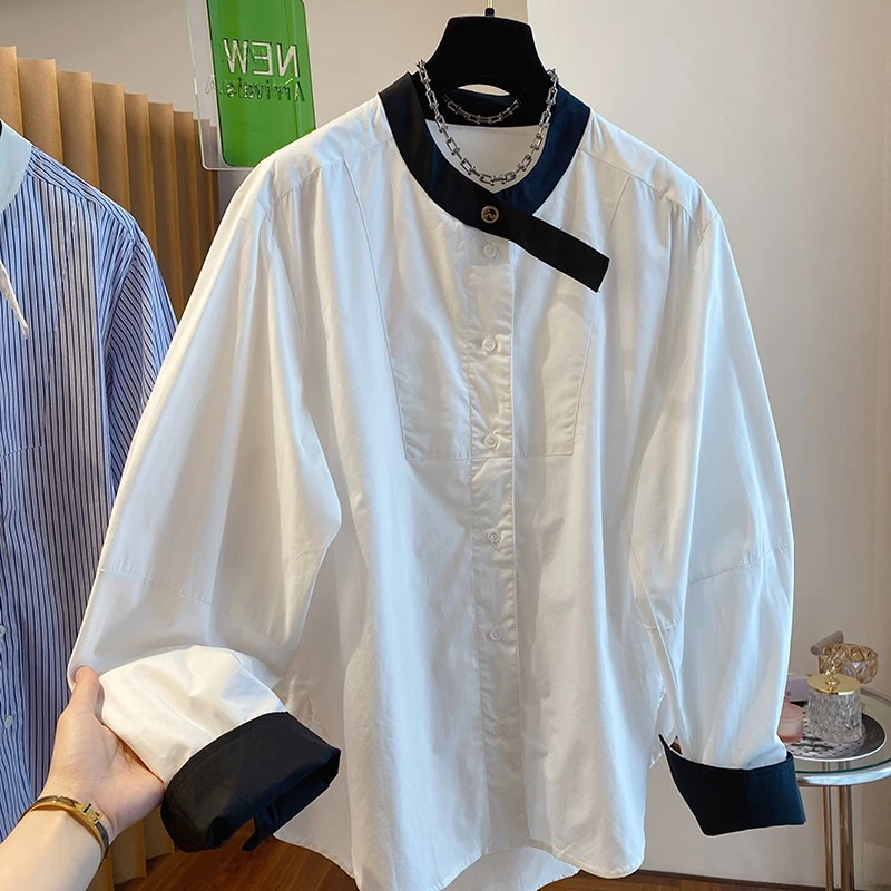 0024早春新款韩代撞色圆领长袖衬衫女内搭棉布白色打底衫漂亮上衣