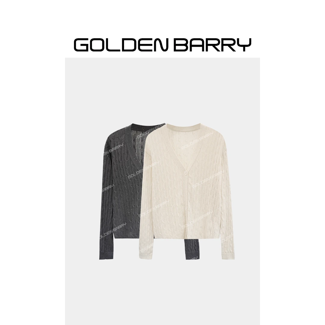 GOLDENBARRY【特惠】242268金丝珠片绞花针织开衫