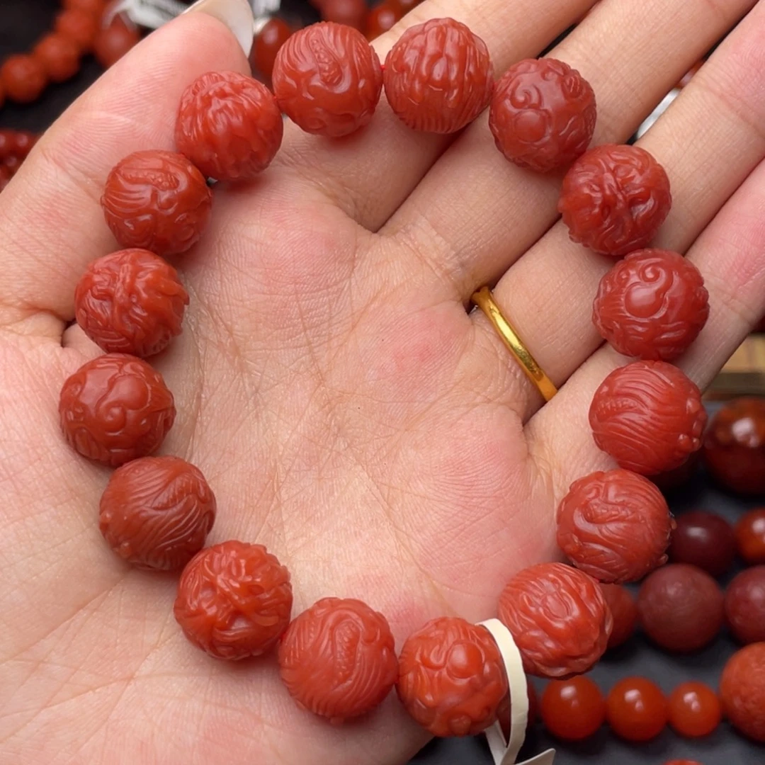 南红玛瑙未镶嵌手串Y13.6mm收藏满红满肉锦红龙珠手串