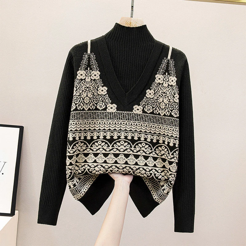 半高领假两件针织衫秋冬品质女装时尚撞色气质打底毛衣宽松上衣