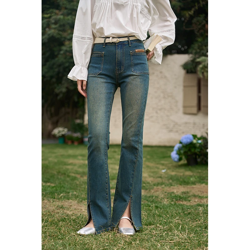 【年中大促】谜秀高腰微喇叭牛仔裤女2024弹力修身显瘦开叉拖地长裤