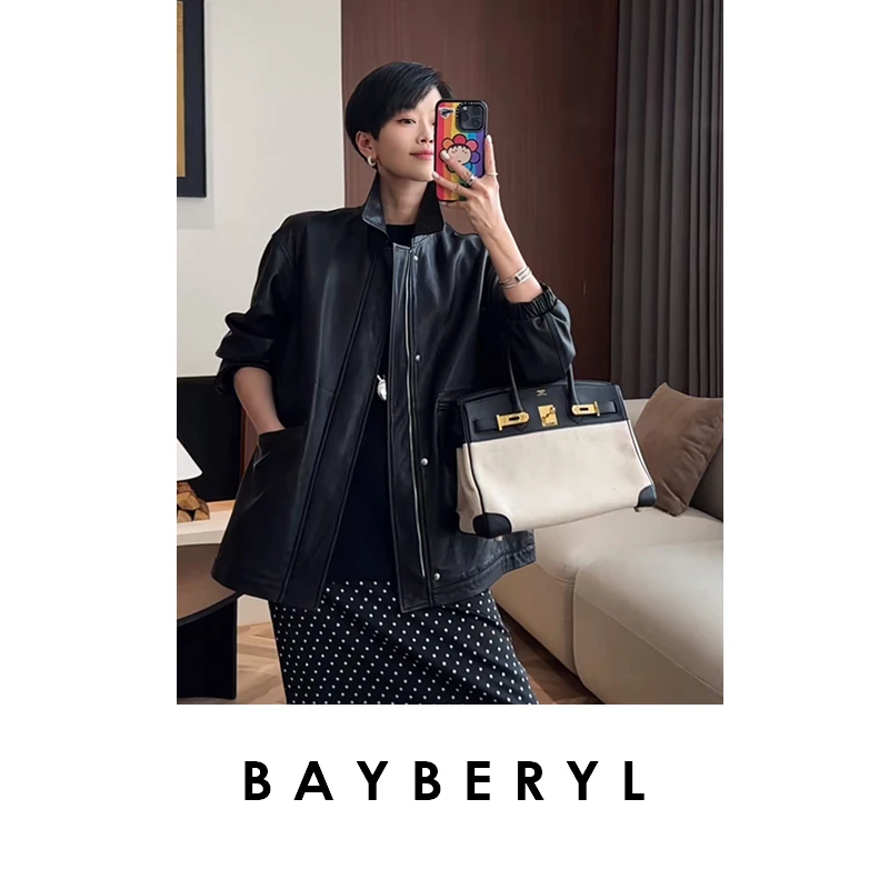 BAYBERYL老贝循迹*黑色翻领廓形嵌袋25春皮衣PY4L0704
