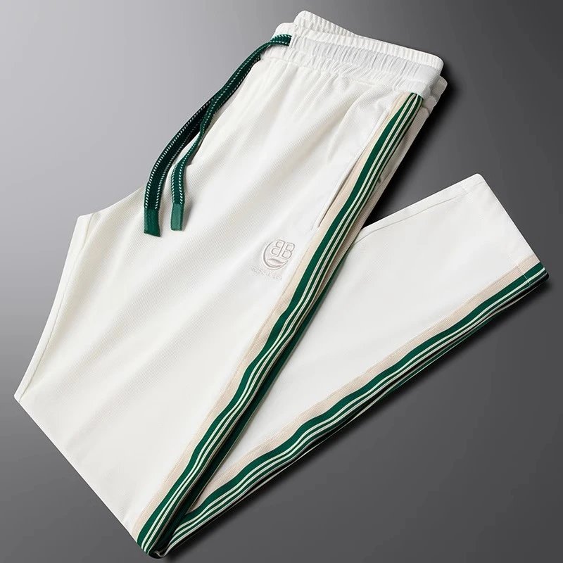 白色休闲运动裤男夏季薄款轻奢高端刺绣修身直筒男士夏季冰丝裤子