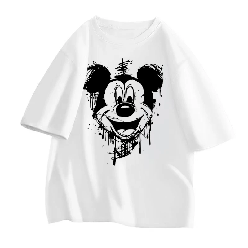 100棉情侣半袖纯棉t恤白色休闲夏季宽松印花圆领卡通黑色上衣百搭