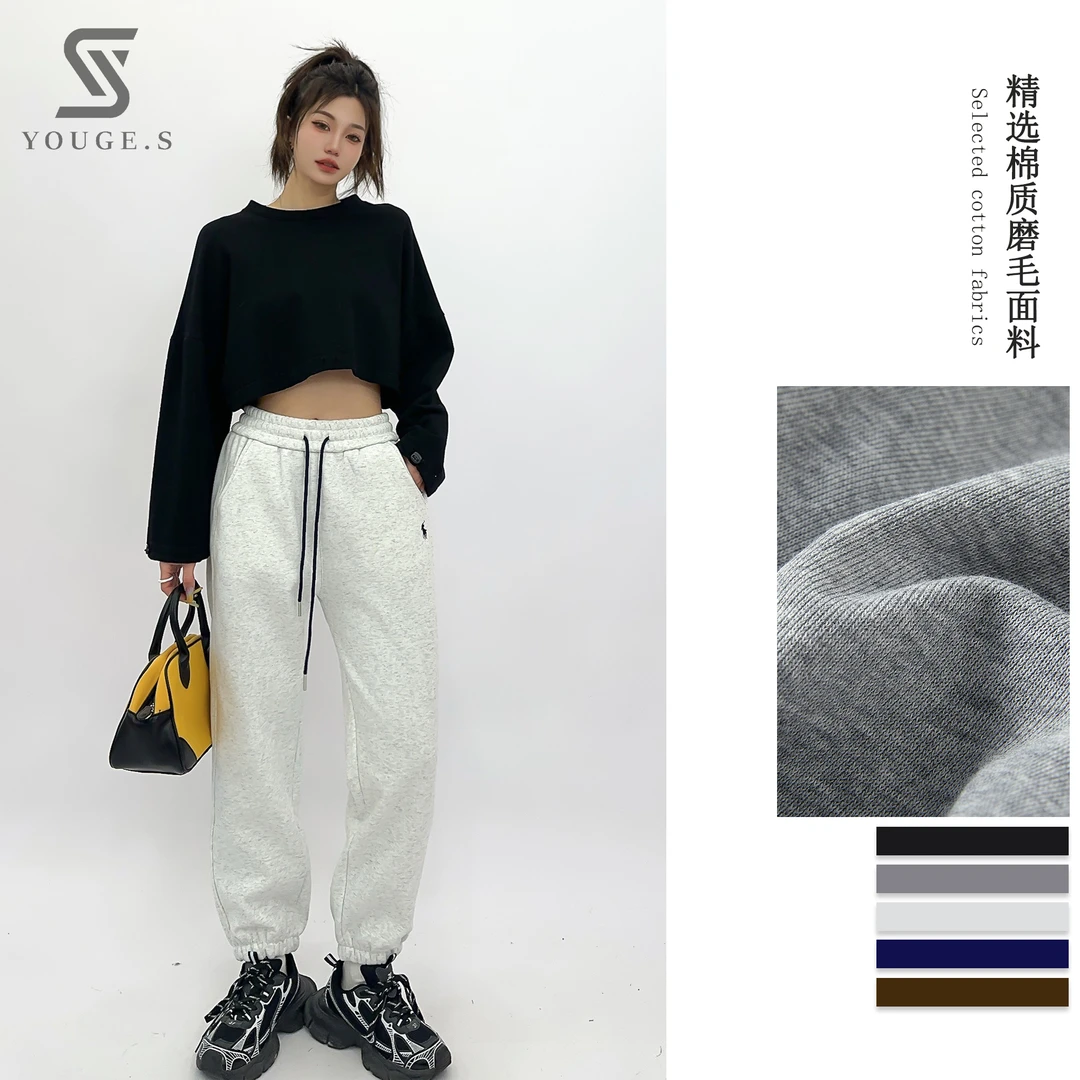 【小影夫妇】加绒冬季新款小马刺绣加厚灰色卫裤保暖运动裤百搭显瘦