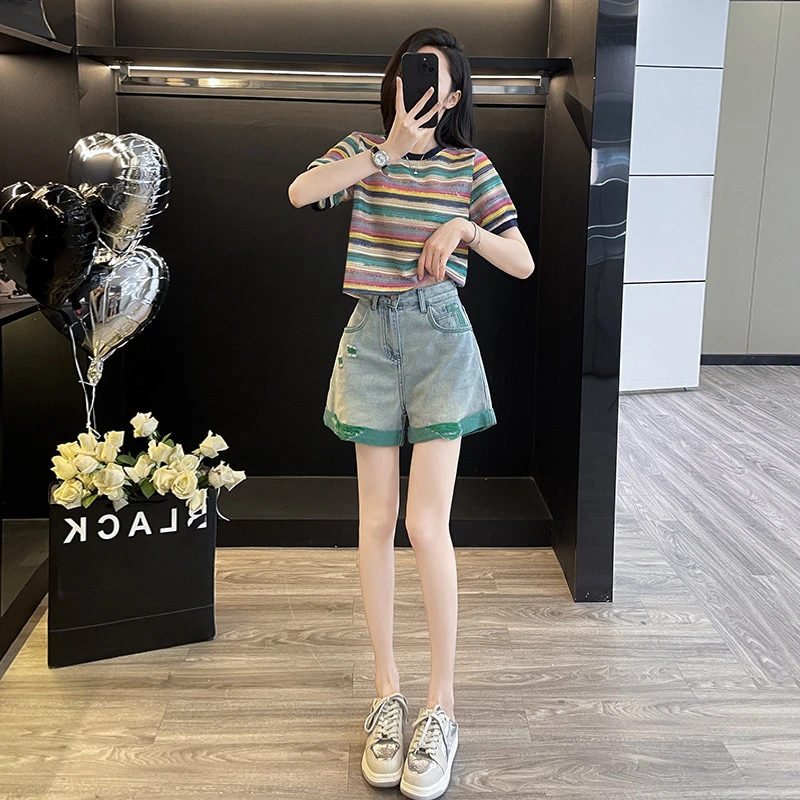 针织短袖秋装女款爆款新款百搭小众炸街高级感女装宽松显瘦条纹