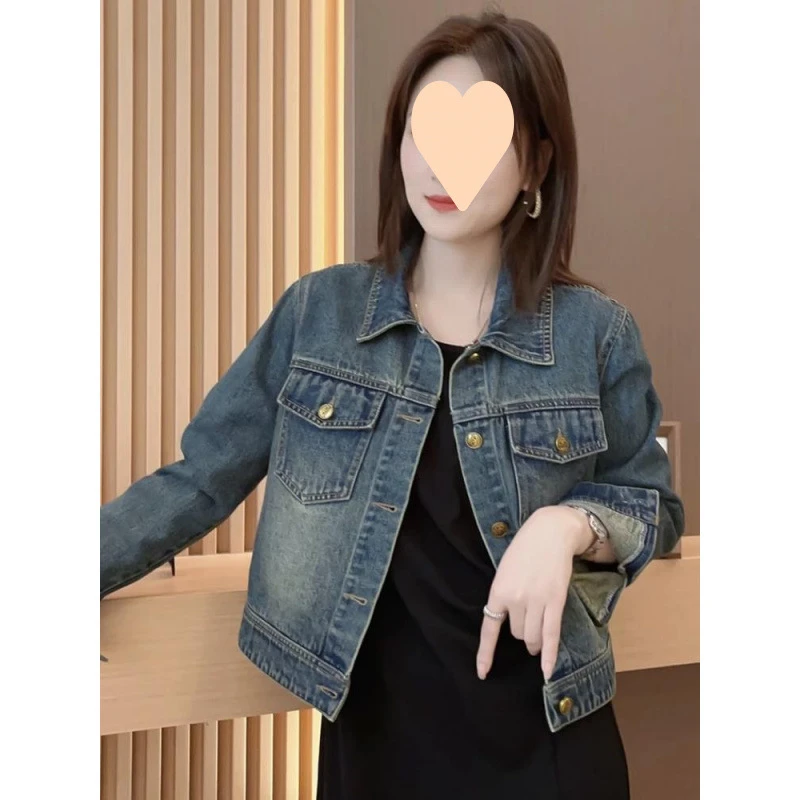 港风新款牛仔短外套女2025年秋季新款复古百搭小个子翻领夹克开衫