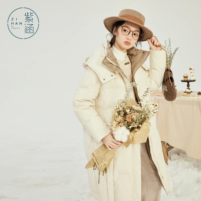 流光风 紫涵过膝立领连帽鸭绒羽绒服冬季长款羽绒外套Z3Z11BS431