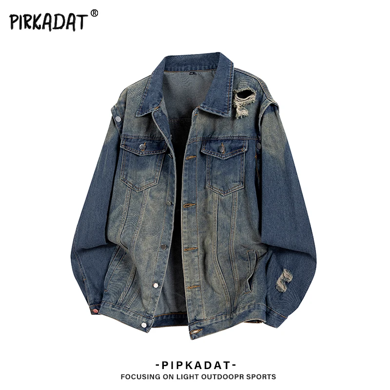 Pirkadat2025秋季新款破洞牛仔夹克男款美式复古潮流休闲宽松外套