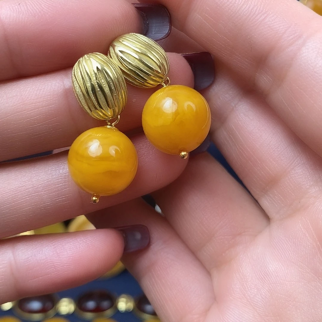 蜜蜡耳饰银S925镀金镶嵌