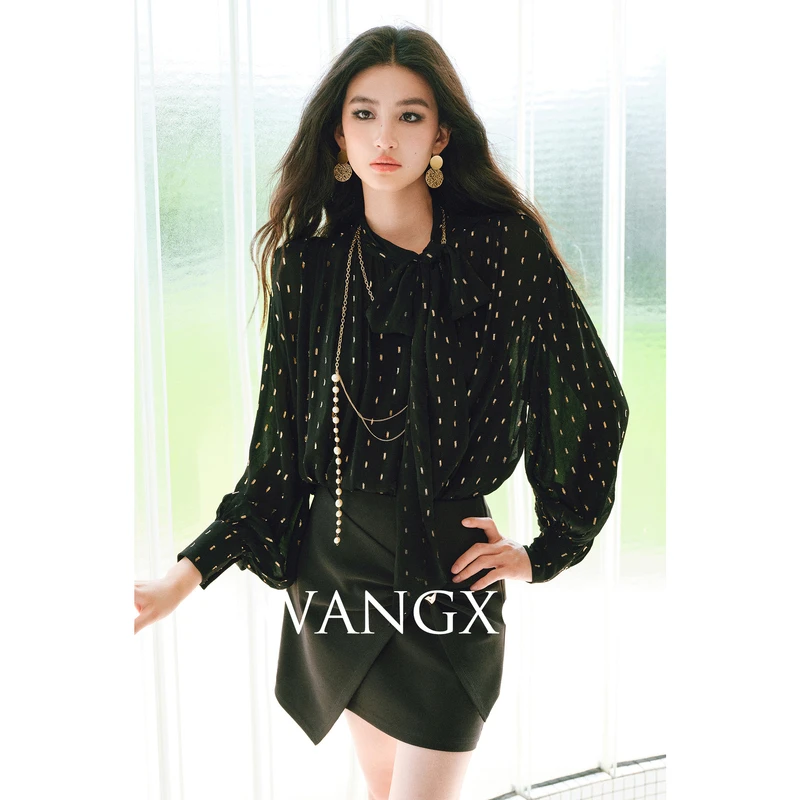 WANGXO   金葱人丝灯笼袖飘带衬衫两件套253603W