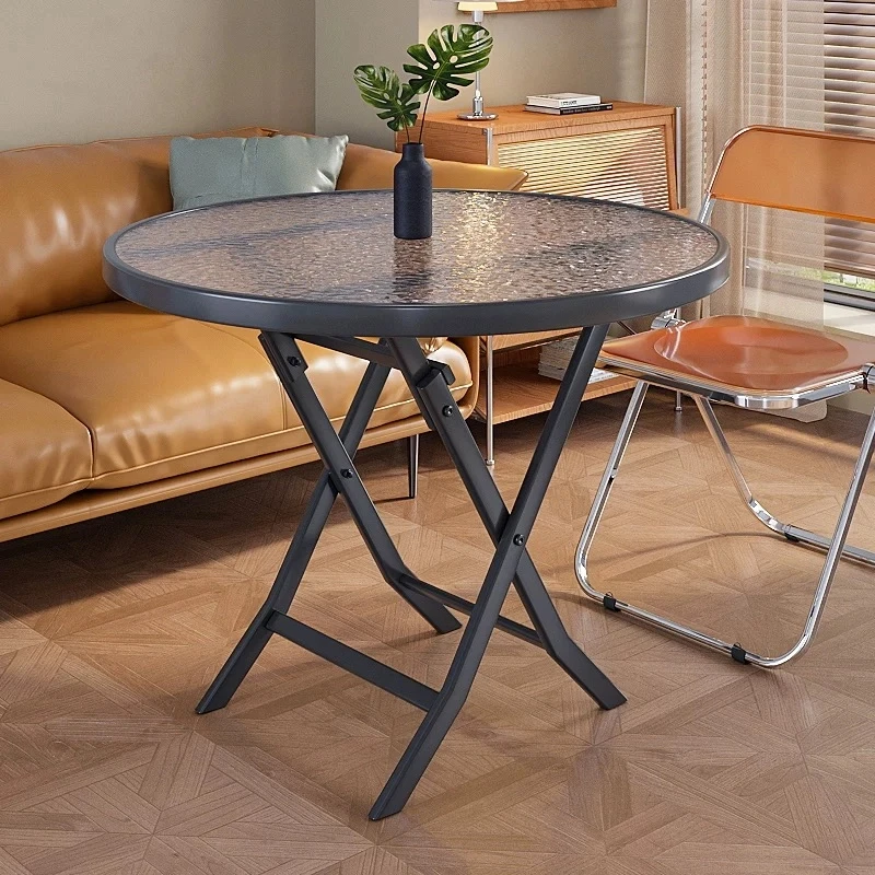 折叠桌子出租房家用餐桌简易饭桌圆桌方桌网红水纹玻璃阳台小茶桌