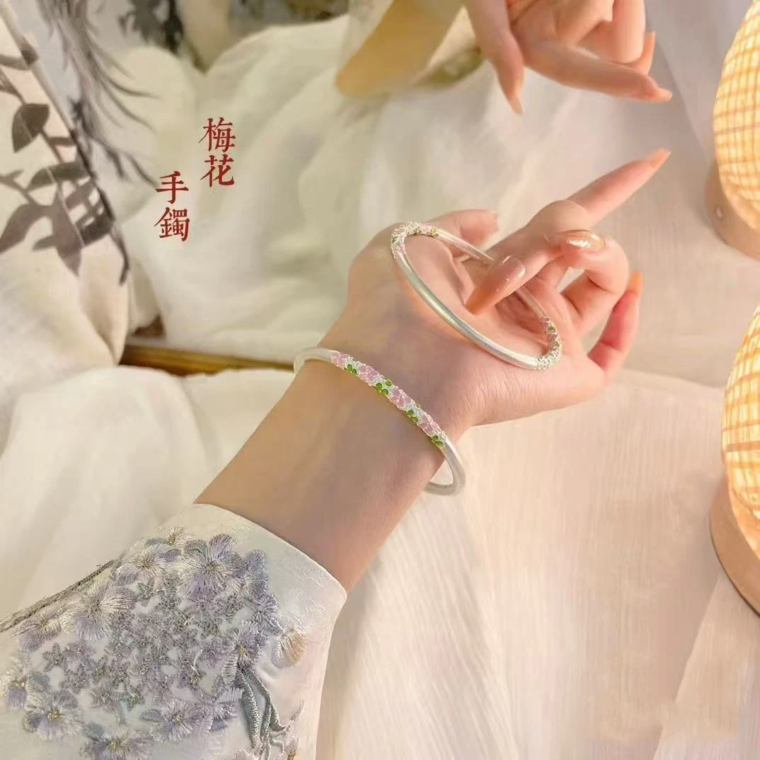 足银手镯 74足银999.9新中式珐琅梅花闭口银手镯时尚小清新礼物