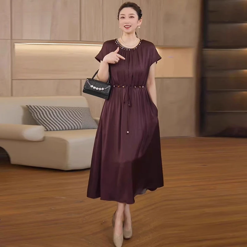 俏芭汀妈妈夏装气质收腰连衣裙中年女高贵缎面裙中老年大码中长款