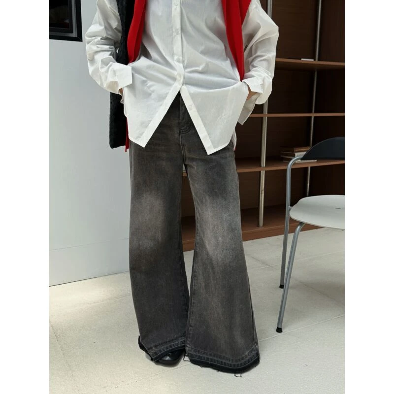 HELLOTANGO《墨石公园》秋季做旧脚口毛边设计中高腰牛仔裤F196#