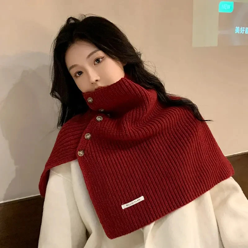 新款钮扣围脖女秋冬季韩版百搭套头保暖护颈脖套外搭开叉针织披肩