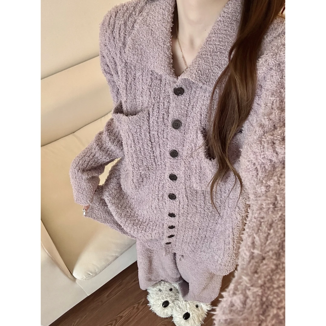 简约高级香芋紫针织半边绒睡衣女秋冬新款加厚保暖家居服套装外穿