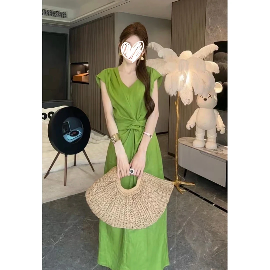 气质氛围感印花吊带裙小众垂感复古绿连衣裙