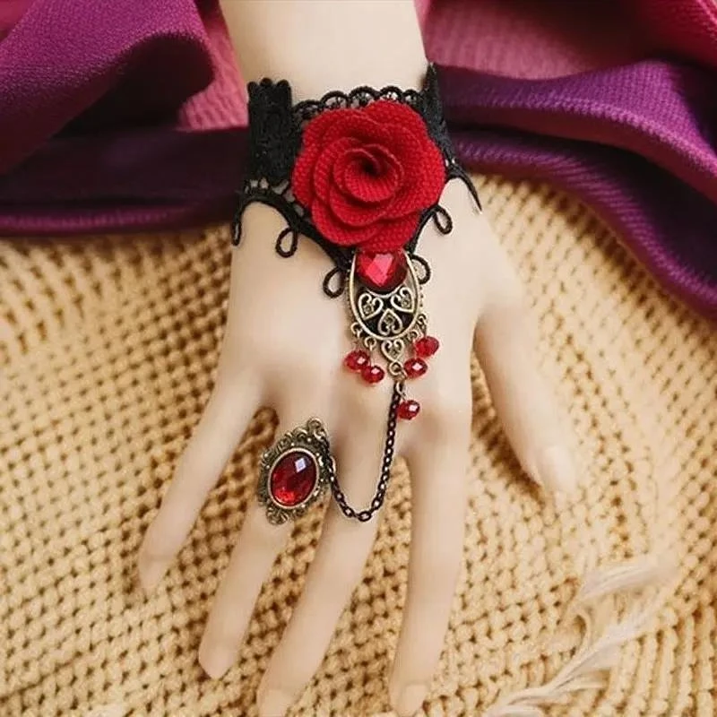 非金属布艺手链 复古温柔风红玫瑰蕾丝手链戒指一体式洛丽塔配饰