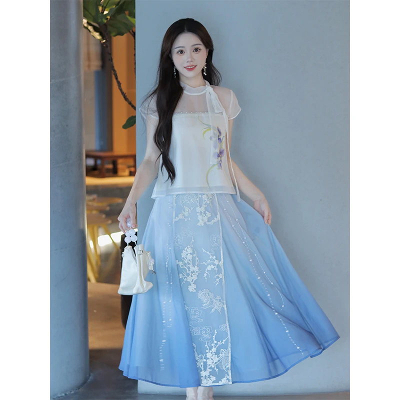 瑶西【书忘】长裙海边巨好看淡蓝渐变刺绣裙汉服新中式裙子两件套