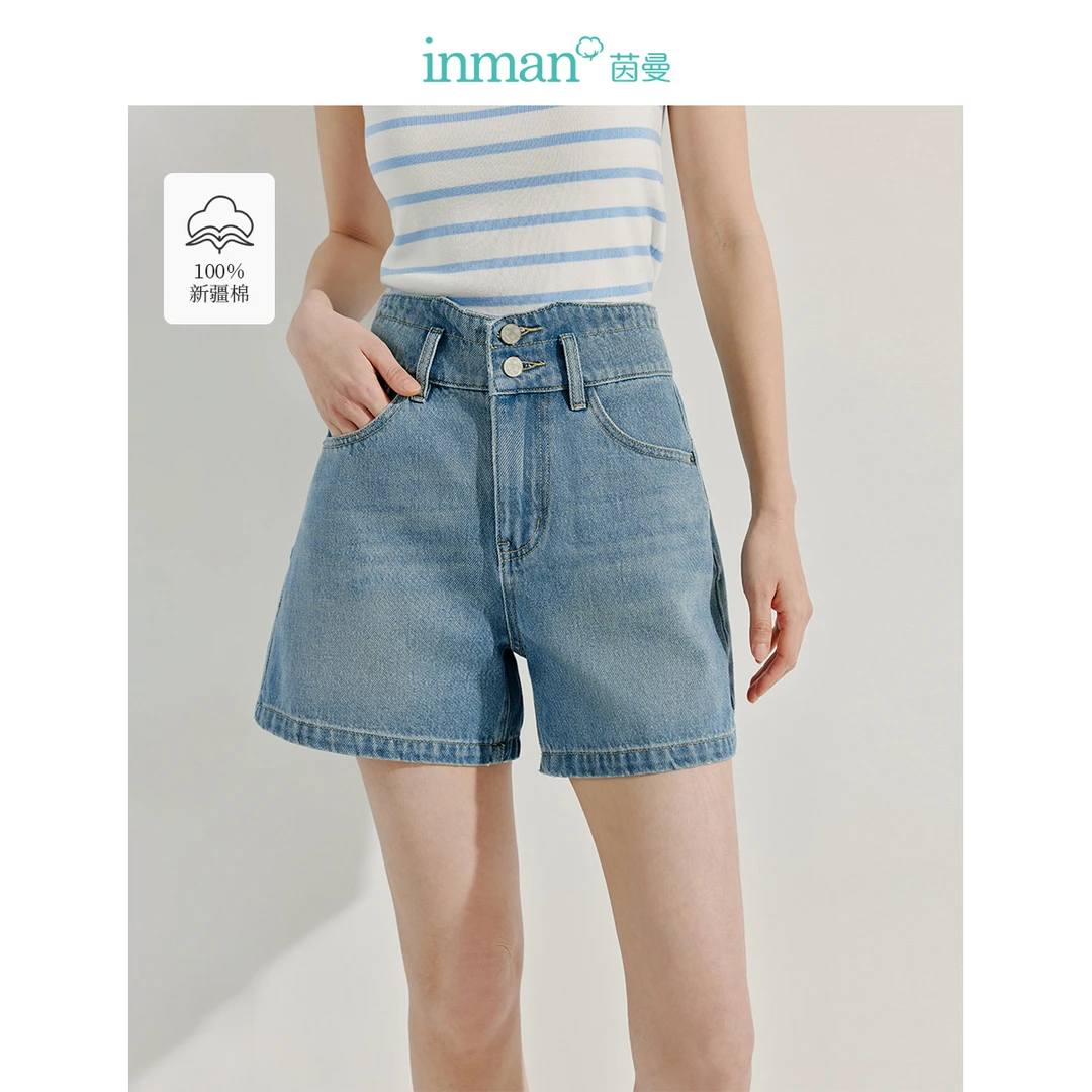 茵曼2025夏季新款女牛仔裤裤子直筒显瘦高腰休闲短裤百搭时尚全棉