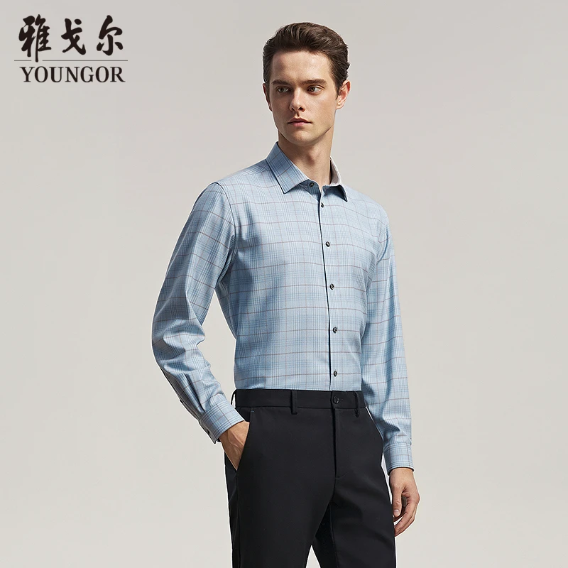 【40%绵羊毛可机洗】雅戈尔秋季男士格纹休闲易打理长袖衬衫119685