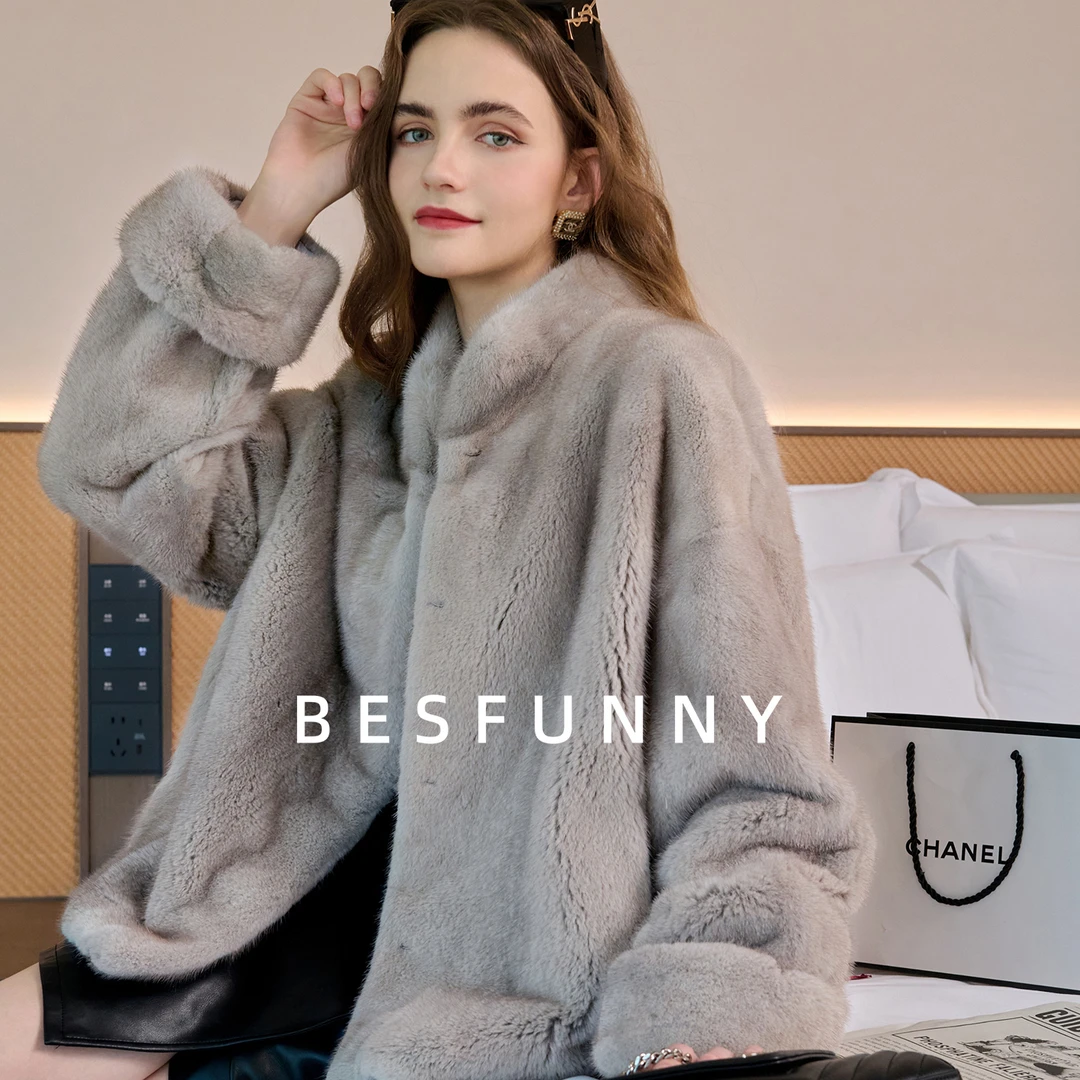 Besfunny2025年新款银兰貂本色短款立领水貂皮草貂皮大衣外套女