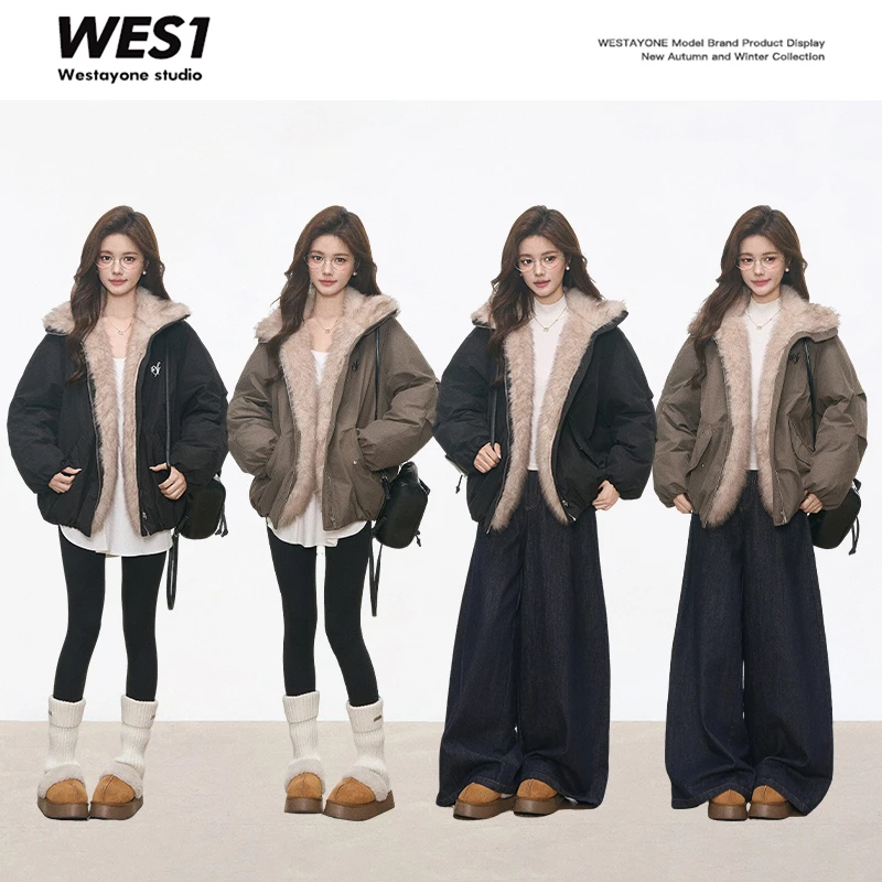 10.17新品 WESTAYONE 毛毛拼接棉服外套女棉衣2025新款显瘦高级感