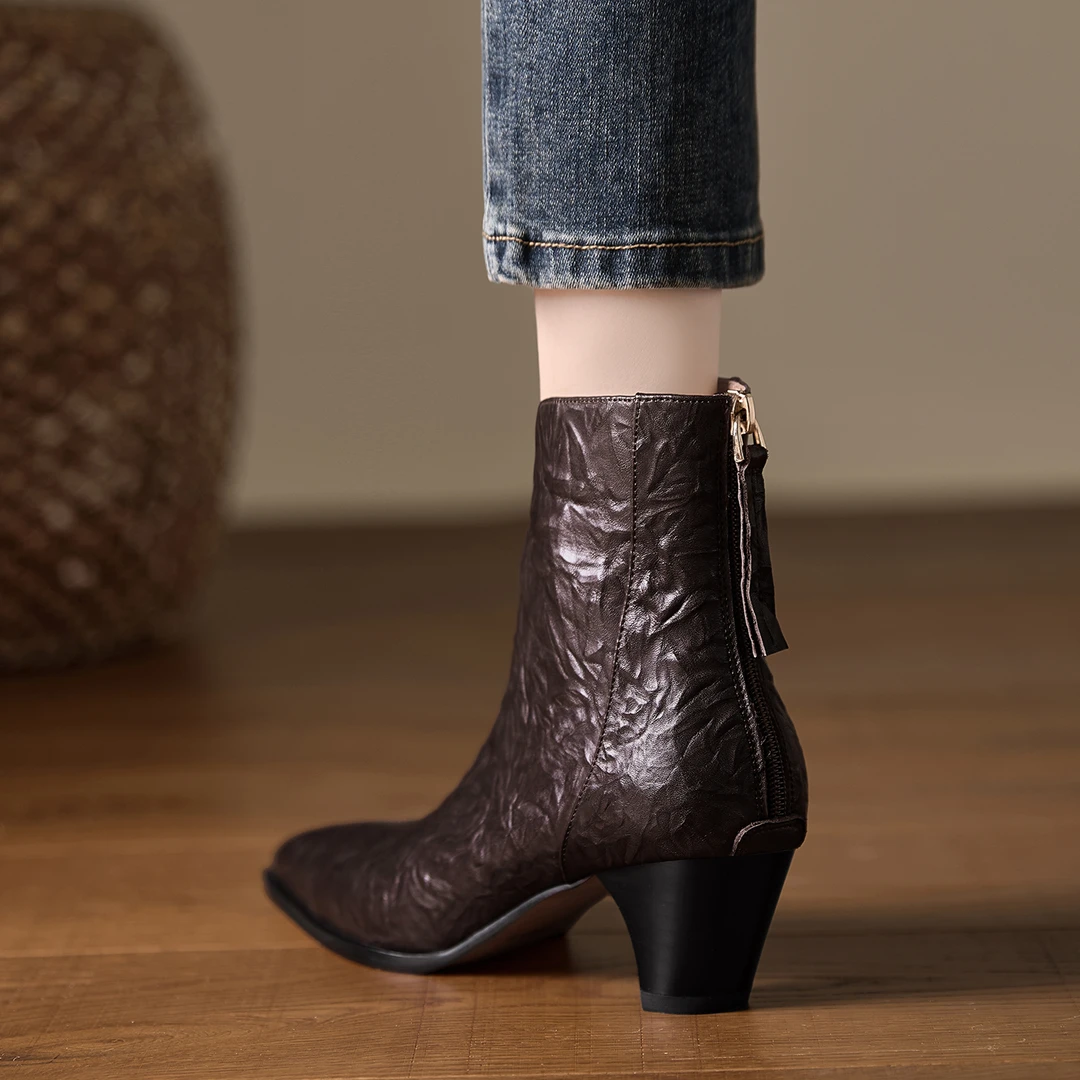 小个子手工女鞋5.5cm~气质短靴女粗跟中跟尖头时装靴不累脚妈妈靴