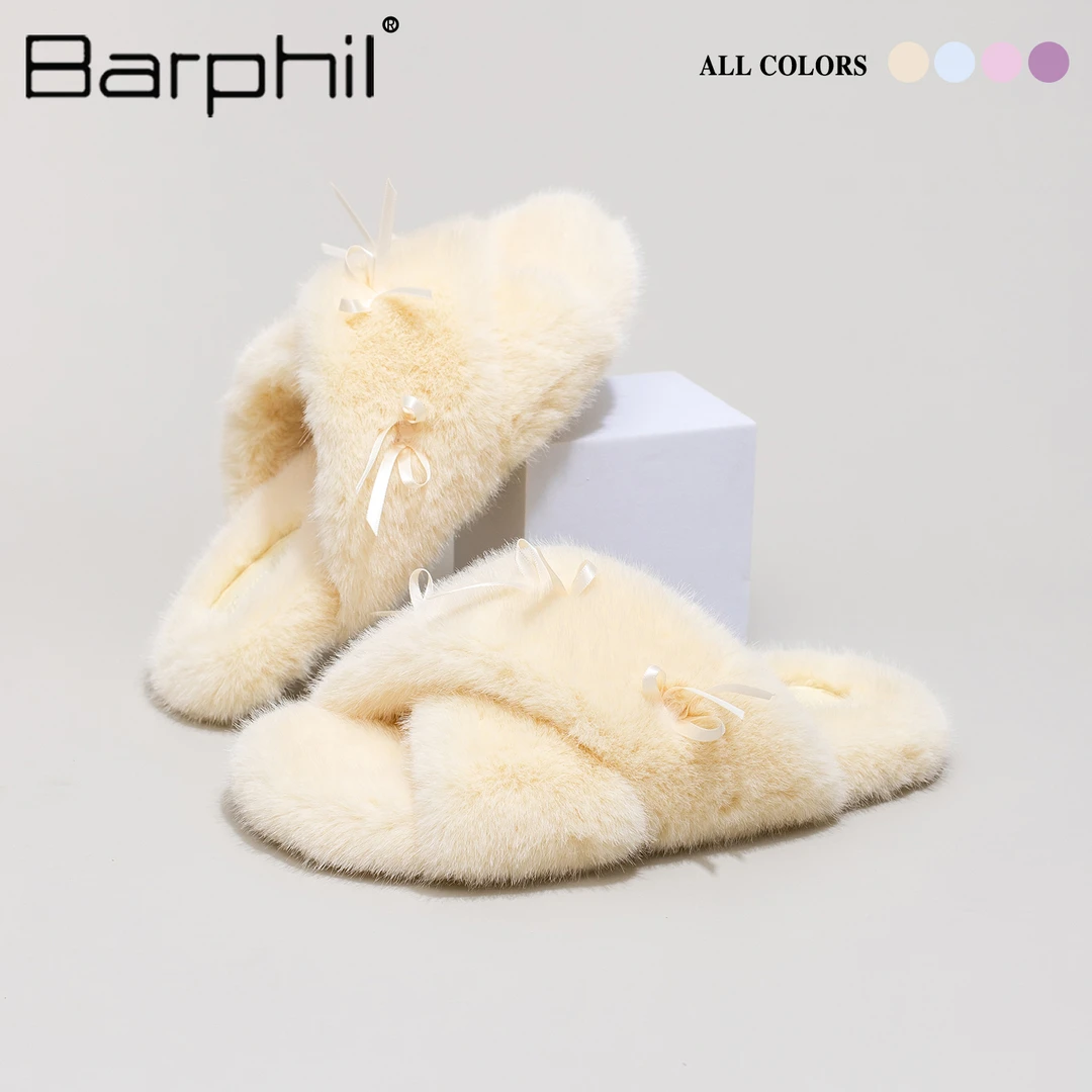 Barphil拖鞋女2025新款秋季室内家居甜美可爱蝴蝶结交叉带毛拖鞋