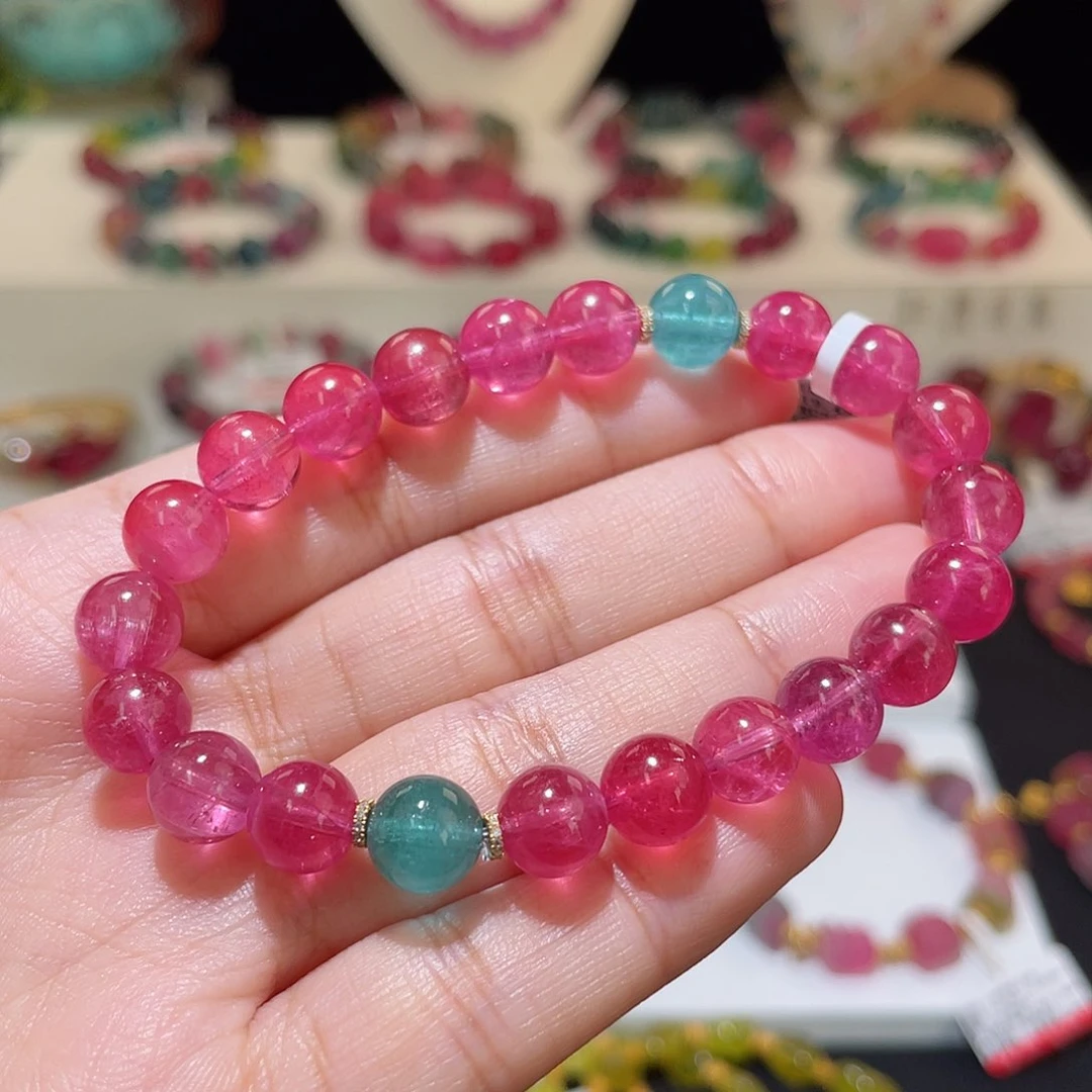 碧玺手链18K金镶嵌 艳桃红搭帕蓝 设计款8.3mm