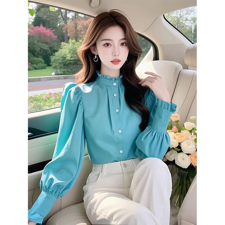 高级感蓝色立领衬衫女2025春季新款轻奢减龄洋气独特别致漂亮小衫