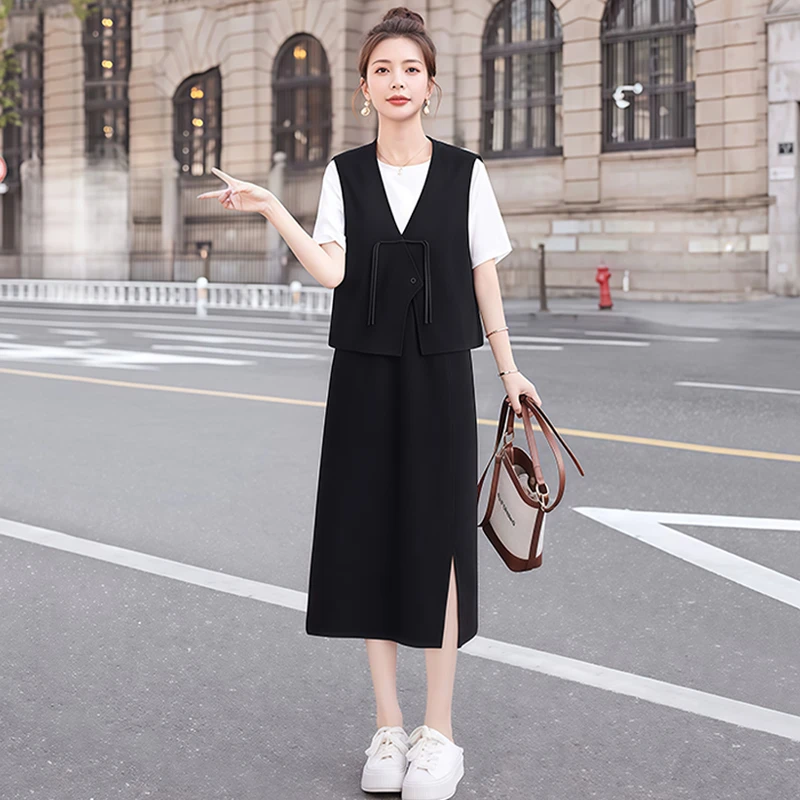 气质百搭休闲套装女2025年夏季新款减龄显瘦短袖马甲半身裙三件套