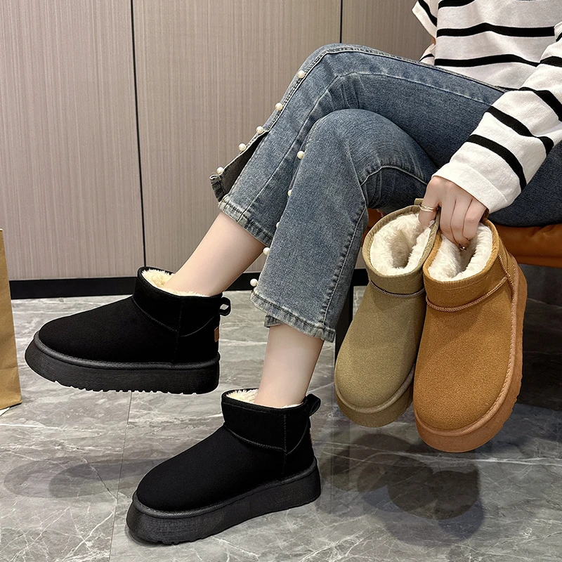 加绒雪地靴女外穿厚底2024秋冬季新款舒适保暖短靴雪地棉P6801