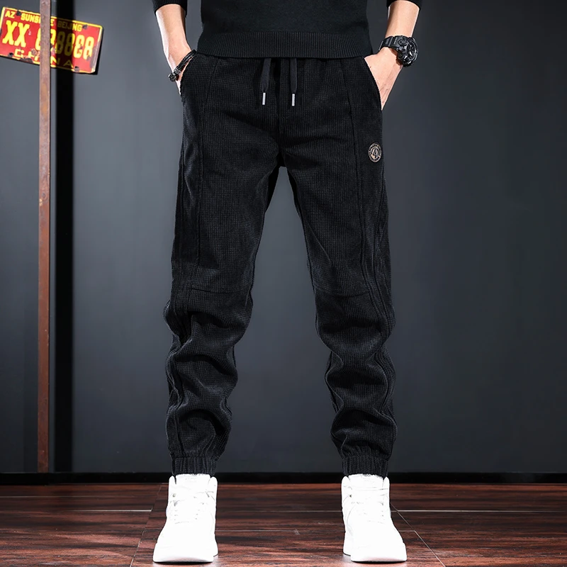 裤子灯芯绒宽松男加绒束脚裤休闲裤秋冬款格子百搭潮牌男黑色酷