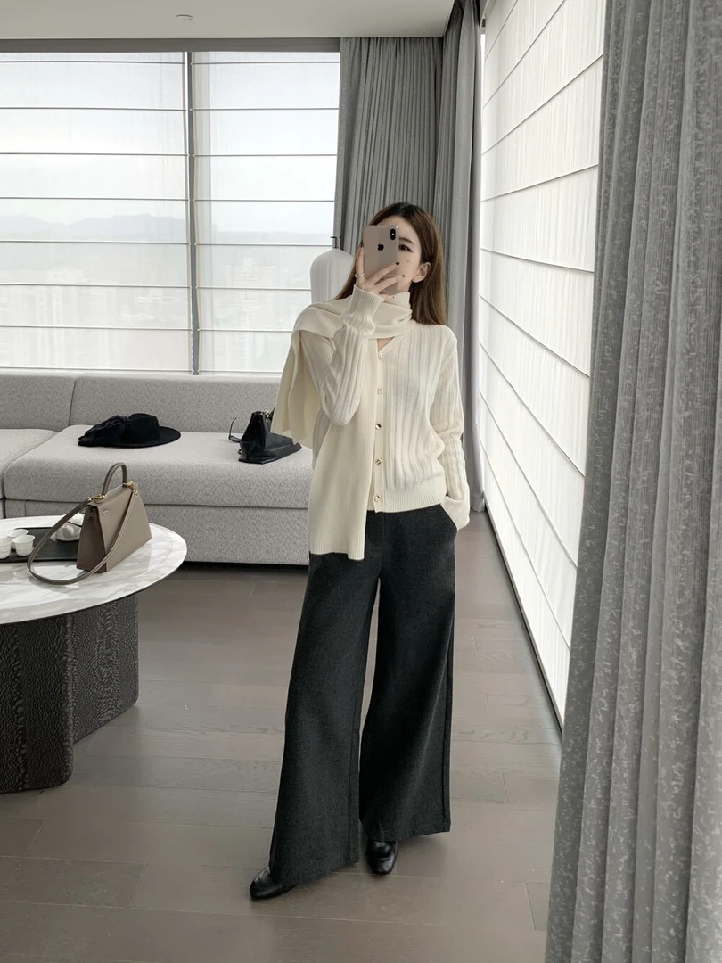 韩系简约时尚气质套装温柔风长袖针织开衫女秋季直筒休闲裤两件套