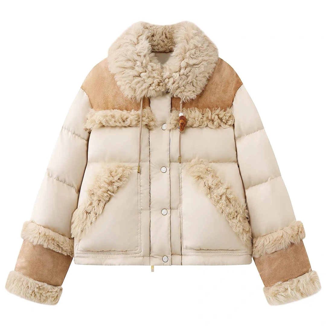 【羊羔】秋冬新款时尚宽松休闲伤心消小熊拼接面包羽绒服外套9483