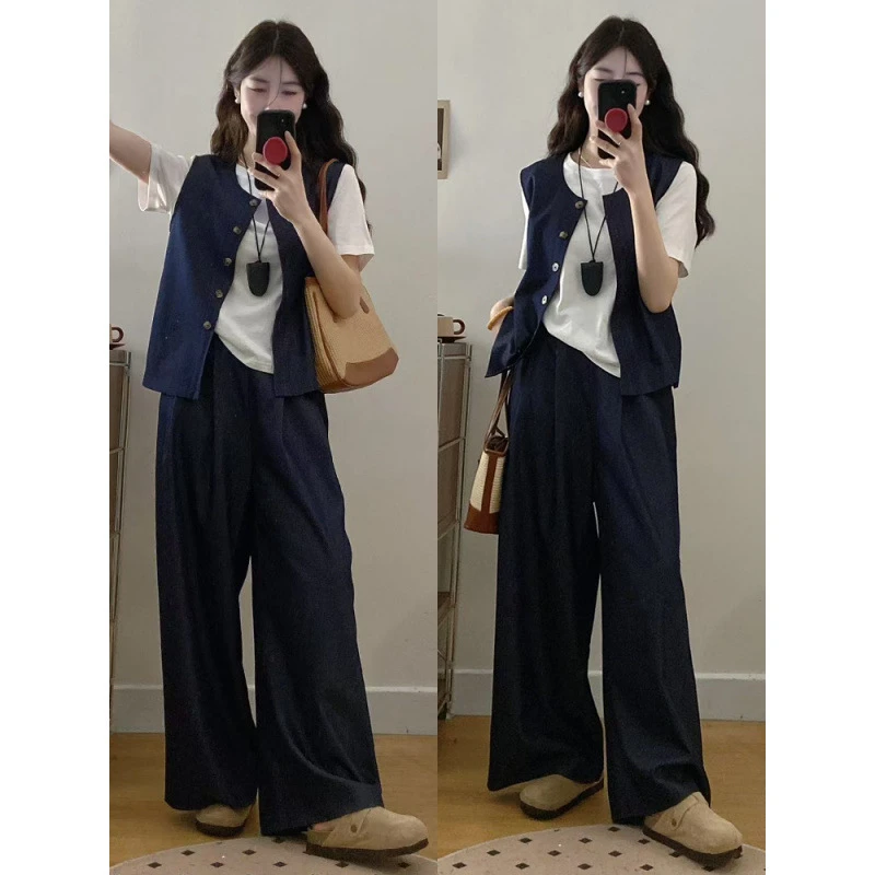 大码女装胖mm新款时尚简约马甲阔腿裤三件套