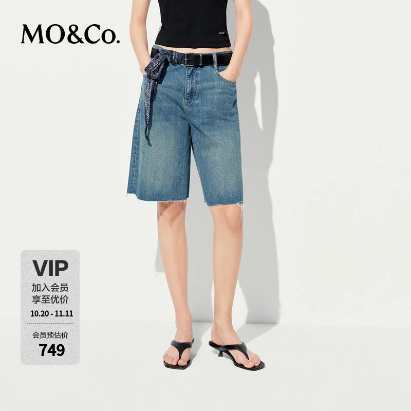 MOCO牛仔裤2025新品附丝巾天丝棉洗磨中低腰五分裤MBE2SOT007