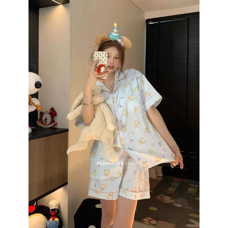 带胸垫轻松熊睡衣女款夏季云朵棉短袖卡通印花甜美少女家居服套装