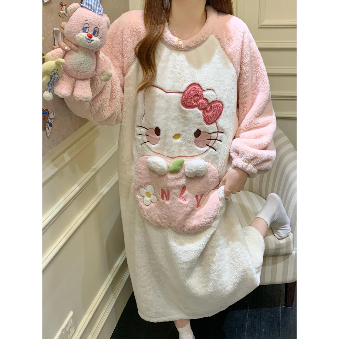 珊瑚绒睡裙女款秋冬季加厚加绒法兰绒长袖可爱kt猫保暖睡衣家居服