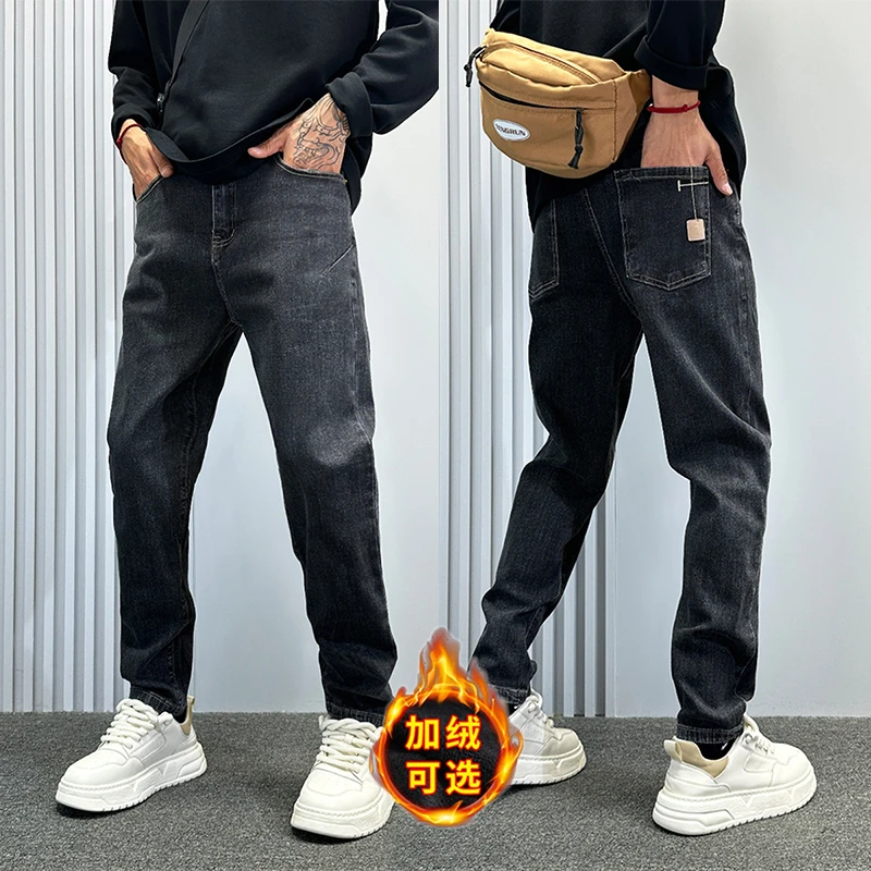加绒可选秋冬潮牌九分显瘦牛仔裤男士直筒休闲裤痞帅修身小脚裤子