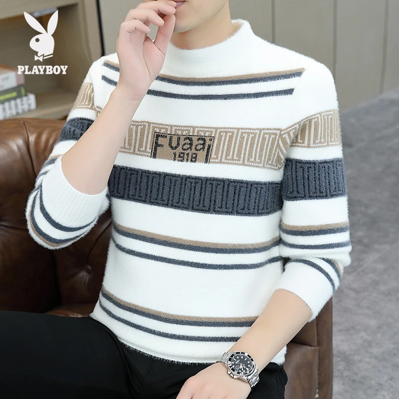 花花公子男士毛衣秋冬保暖条纹打底针织衫百搭帅气修身半高领毛衣