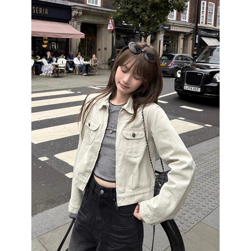 美式复古水洗做旧牛仔外套女秋季新款宽松休闲双口袋拉链短款夹克