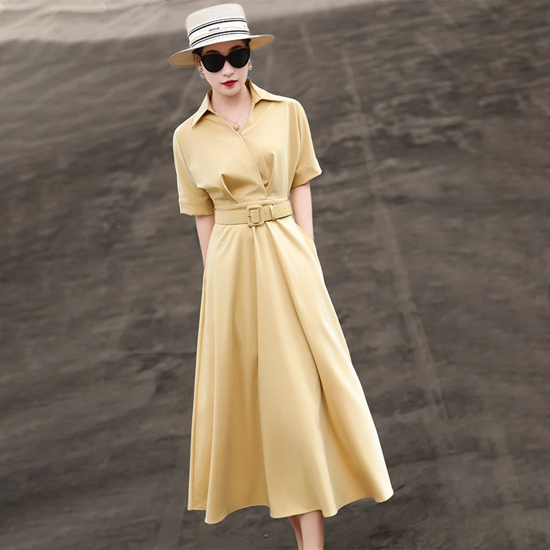 MEXCOCO/兰瑟儿2025气质优雅通勤清新时尚黄色连衣裙M5XL8301