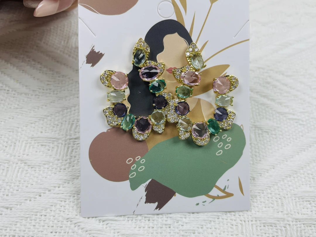 合金锆石耳饰 拼色气质欧美风小众手彩钻复古耳饰