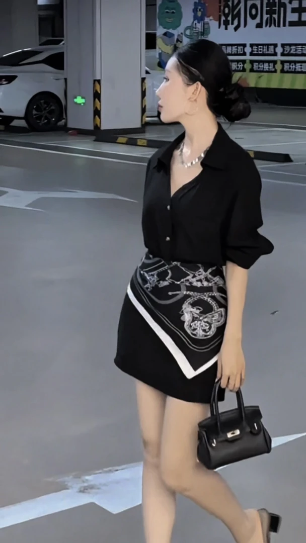 黑色套装显瘦气质时尚休闲百搭上衣+裙裤+丝巾三件套小众原创